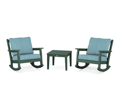 POLYWOOD® Chippendale 3-Piece Deep Seating Rocker Set in Green / Lattice Sky Blue