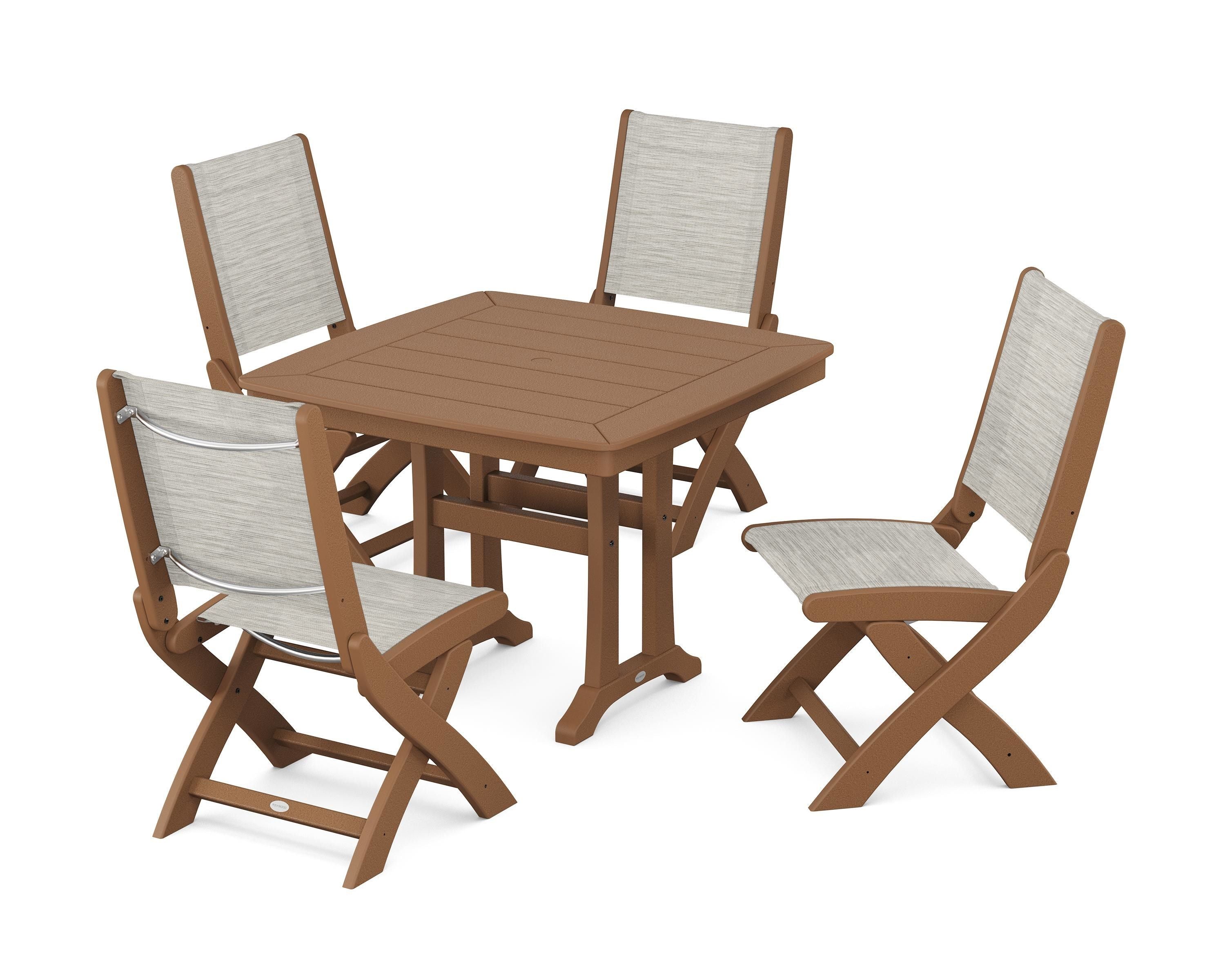 POLYWOOD® Coastal Folding Side Chair 5-Piece Dining Set with Trestle Legs in Teak / Birch Sling