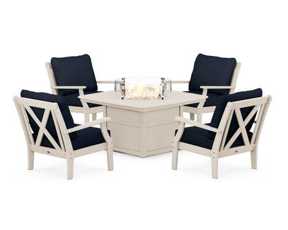 POLYWOOD® Braxton 5-Piece Deep Seating Conversation Set with Fire Pit Table in Sand / Marine Indigo