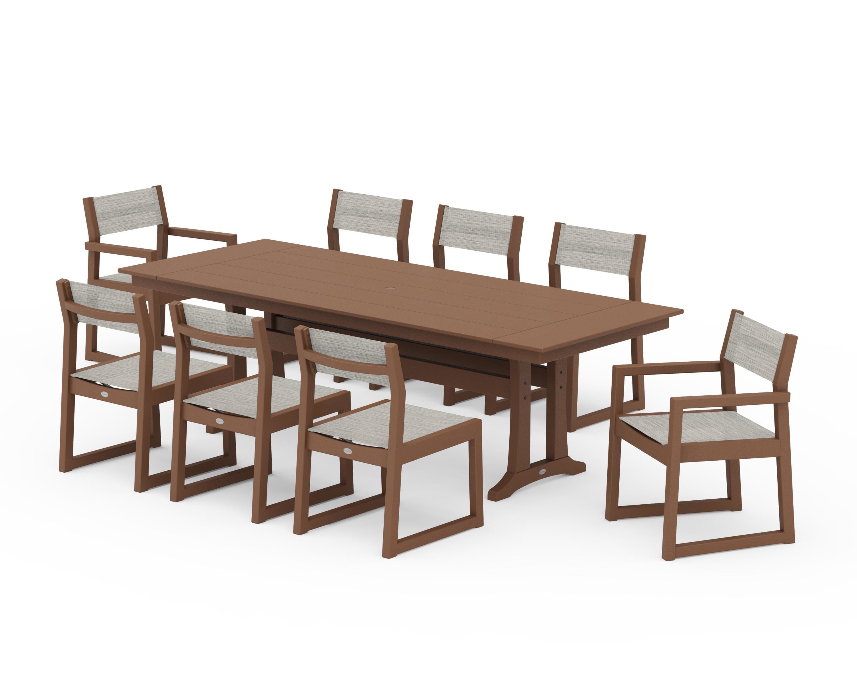 POLYWOOD® EDGE Sling 9-Piece Farmhouse Trestle Dining Set in Teak / Birch Sling