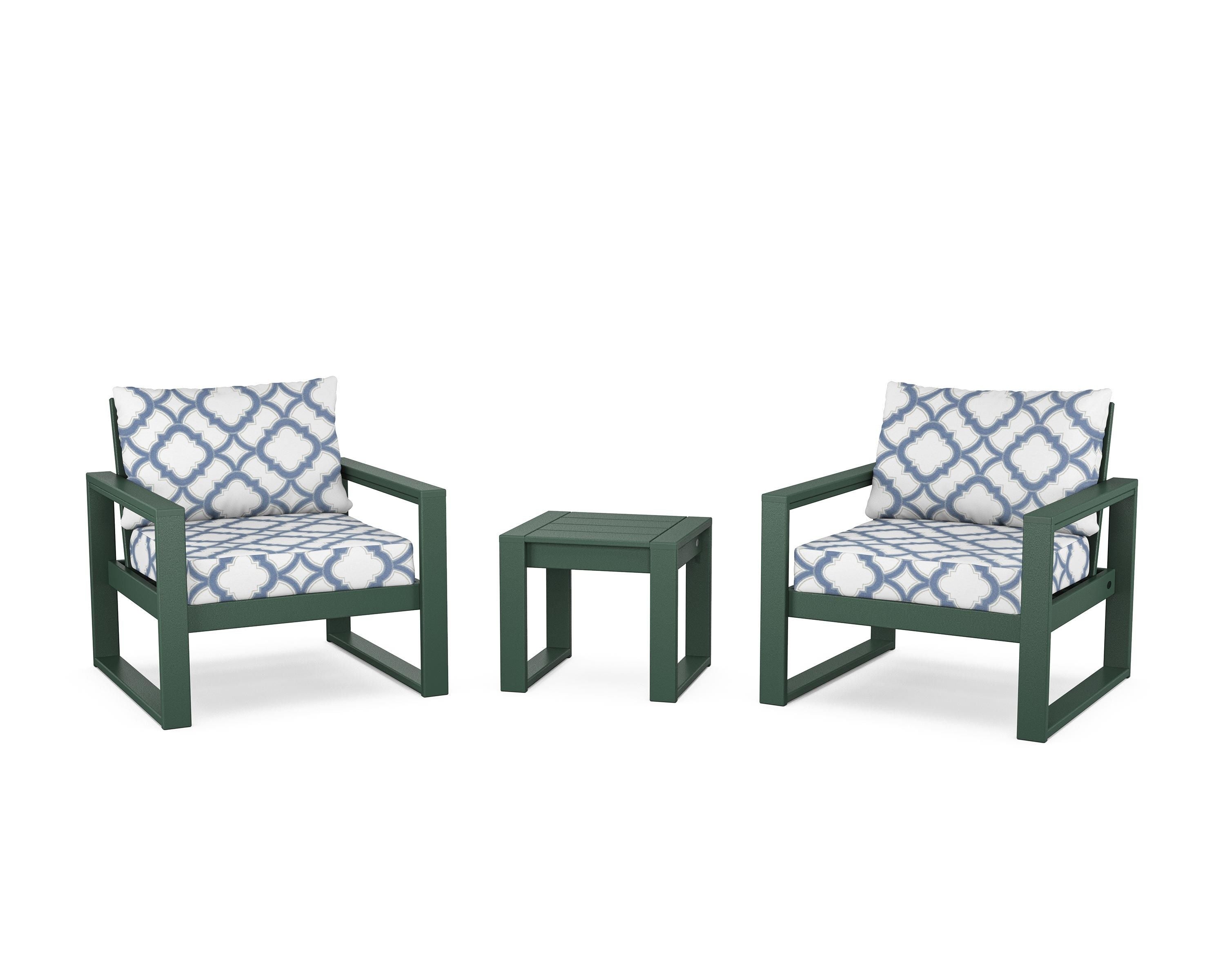 POLYWOOD® EDGE Sectional 3-Piece Deep Seating Set in Green / Trellis Sky Blue