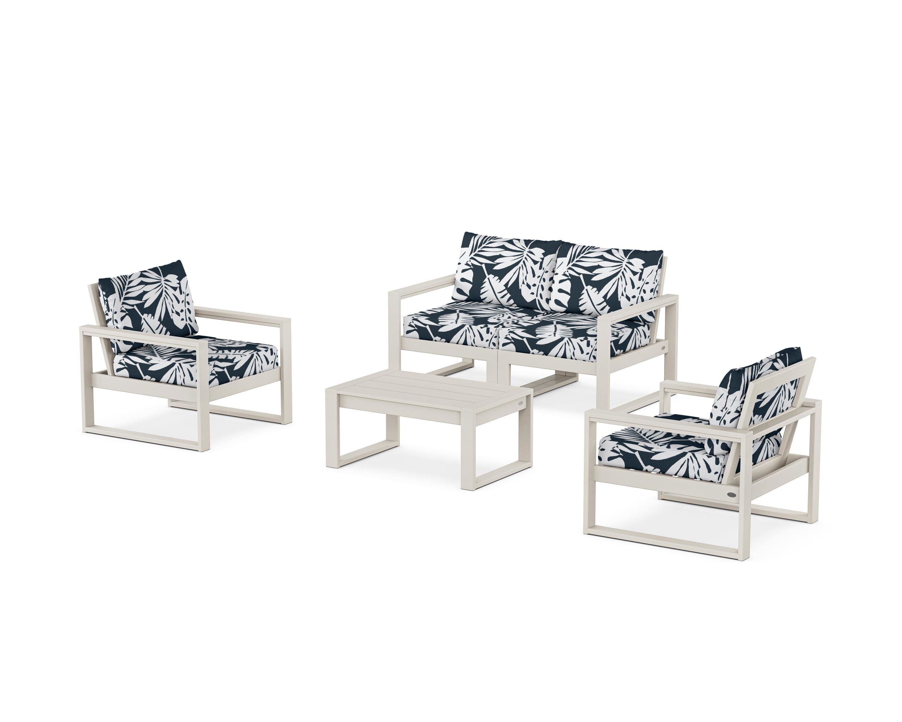 POLYWOOD® EDGE Sectional 4-Piece Deep Seating Set with Loveseat in Sand / Leaf Marine Indigo