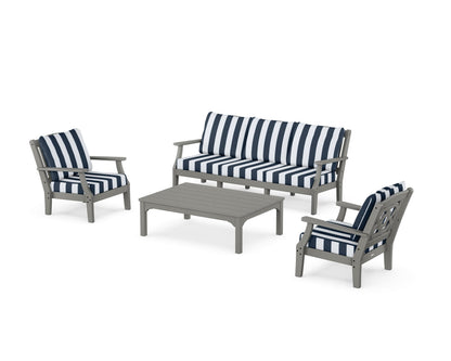 Martha Stewart by POLYWOOD® Chinoiserie 4-Piece Deep Seating Set with Sofa in Slate Grey / Cabana Stripe Marine Indigo