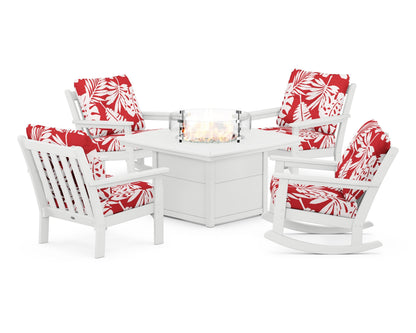 POLYWOOD® Vineyard 5-Piece Deep Seating Rocking Chair Conversation Set with Fire Pit Table in White / Leaf Crimson