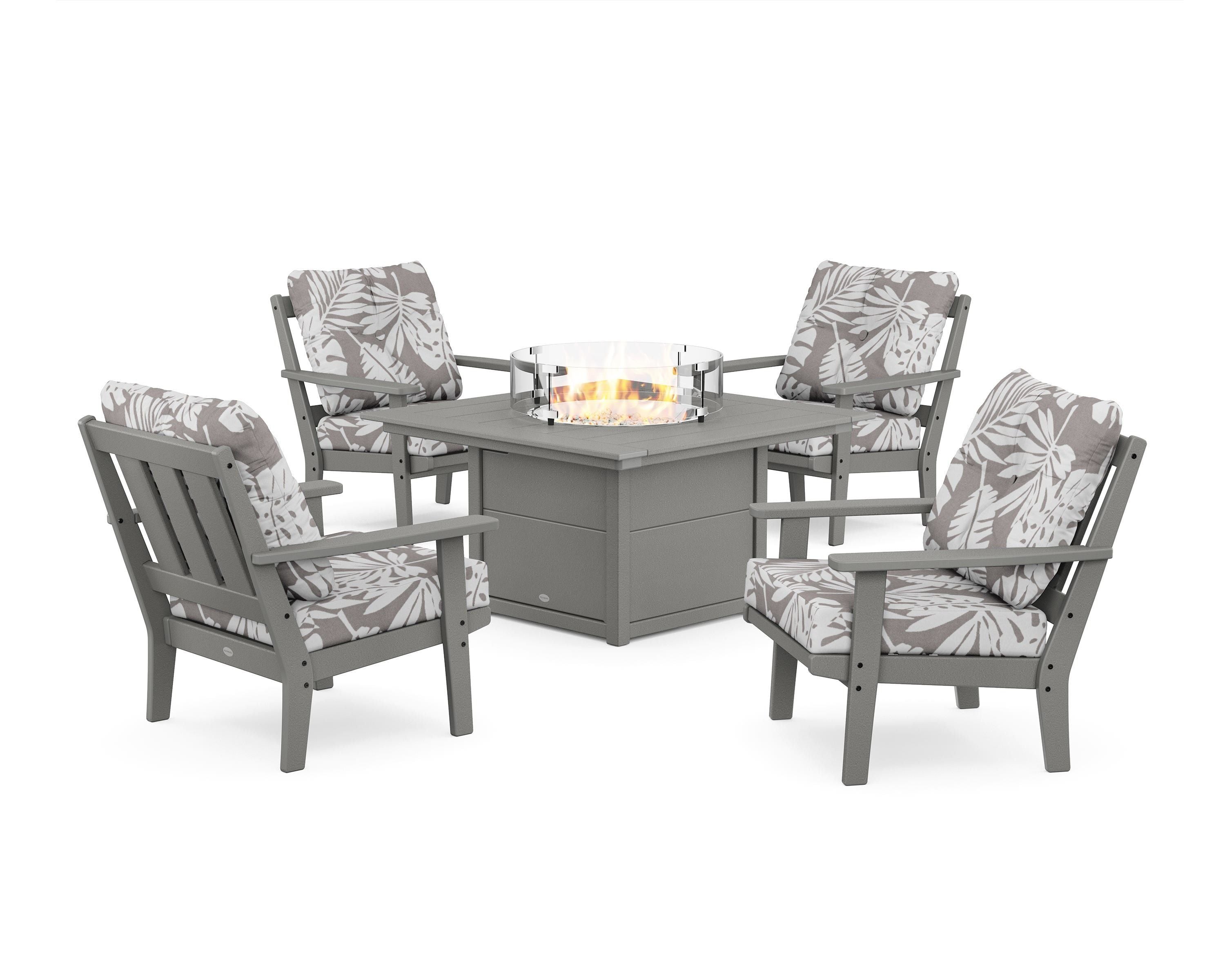 POLYWOOD® Oxford 5-Piece Deep Seating Set with Fire Pit Table in Slate Grey / Leaf Grey Mist