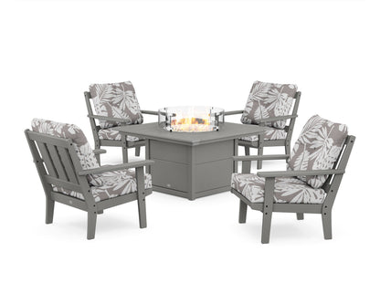 POLYWOOD® Oxford 5-Piece Deep Seating Set with Fire Pit Table in Slate Grey / Leaf Grey Mist