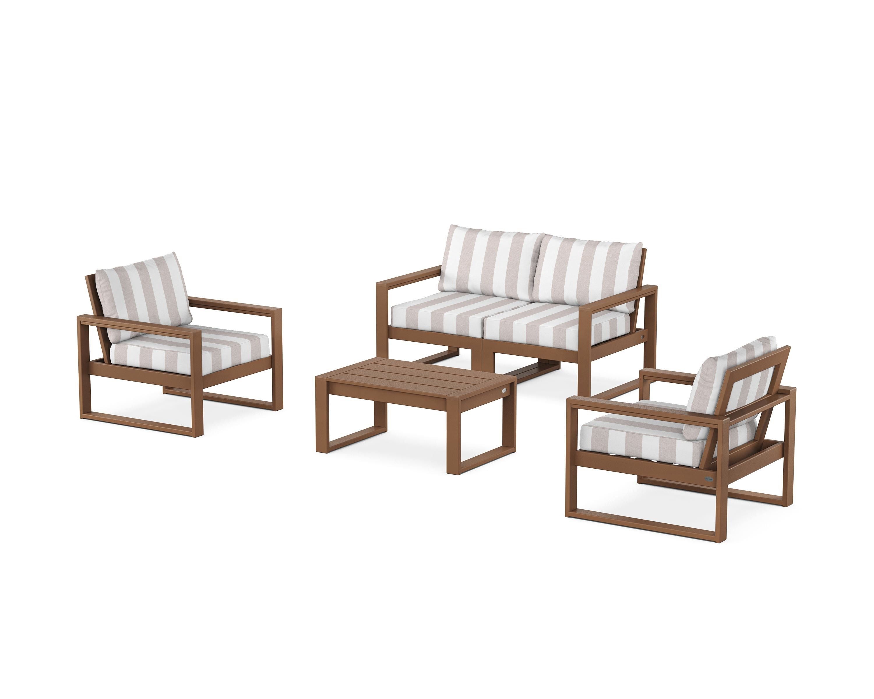 POLYWOOD® EDGE Sectional 4-Piece Deep Seating Set with Loveseat in Teak / Cabana Stripe Dune Burlap