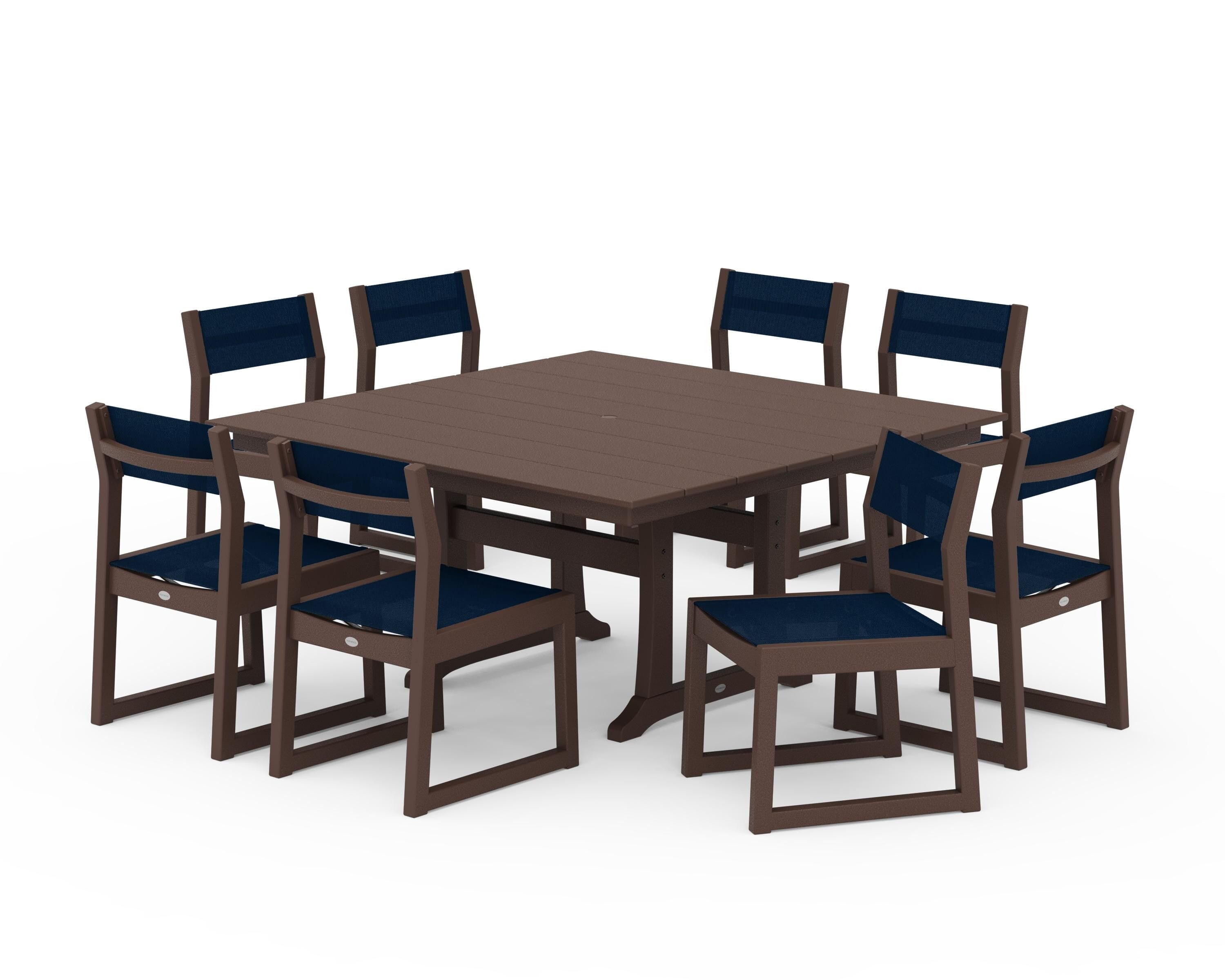 POLYWOOD® EDGE Sling Side Chair 9-Piece Farmhouse Trestle Dining Set in Mahogany / Navy Blue Sling