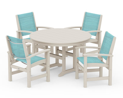 POLYWOOD® Coastal 5-Piece Round Farmhouse Dining Set in Sand / Dupioni Aquamarine Sling