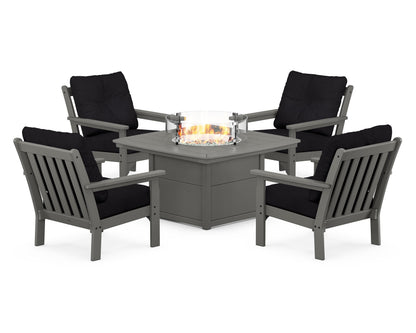 POLYWOOD® Vineyard 5-Piece Conversation Set with Fire Pit Table in Slate Grey / Midnight Linen