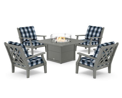 Country Living Wovendale 5-Piece Deep Seating Set with Fire Pit Table in Slate Grey / Buffalo Plaid Marine Indigo