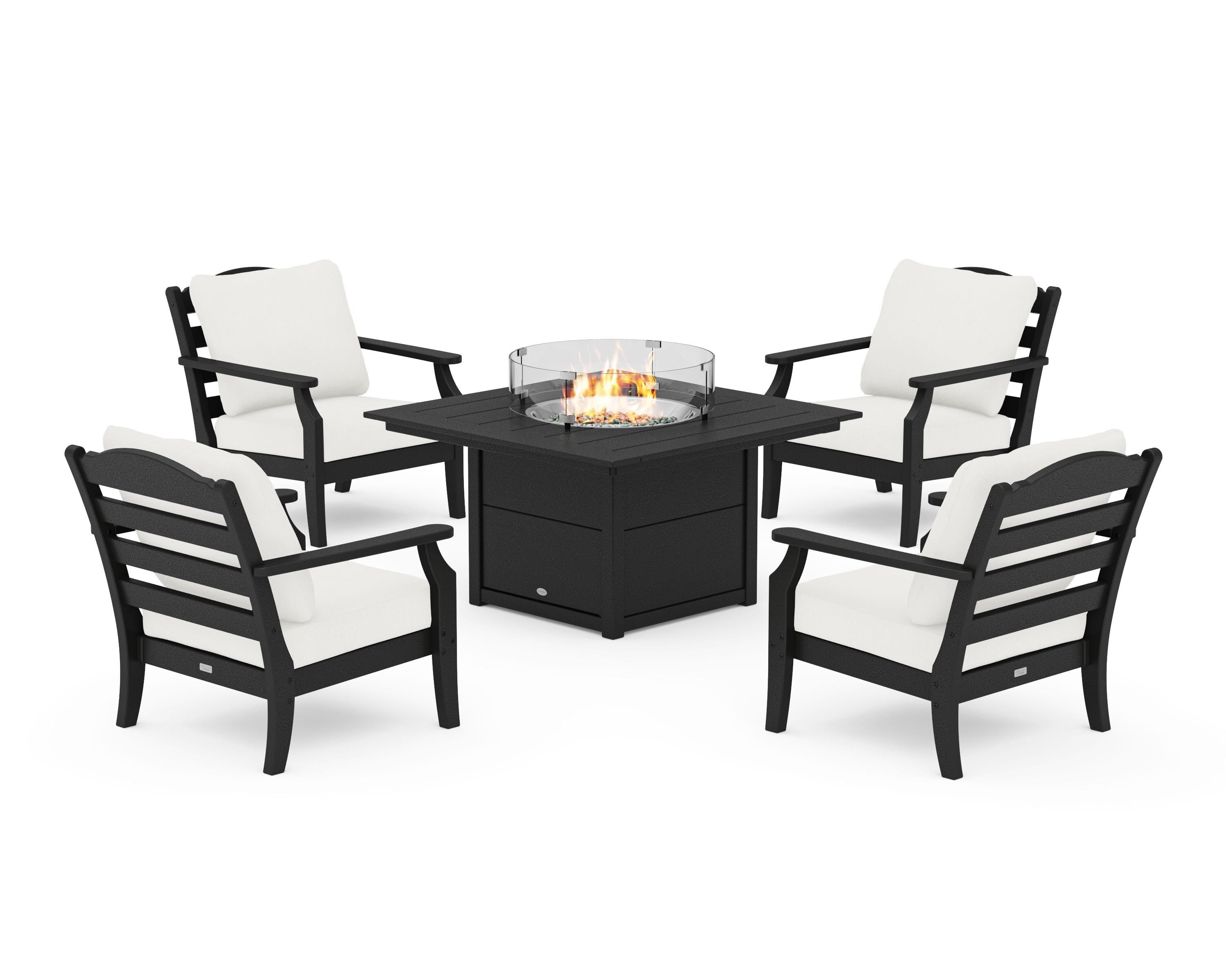 Draper James™ by  POLYWOOD® Savannah 5-Piece Deep Seating Set with Fire Pit Table in Black / Natural Linen