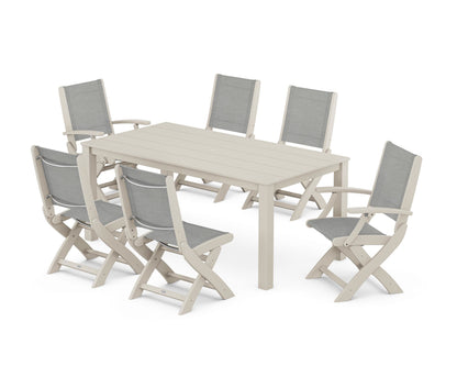 POLYWOOD® Coastal Folding Chair 7-Piece Parsons Dining Set in Sand / Metallic Sling