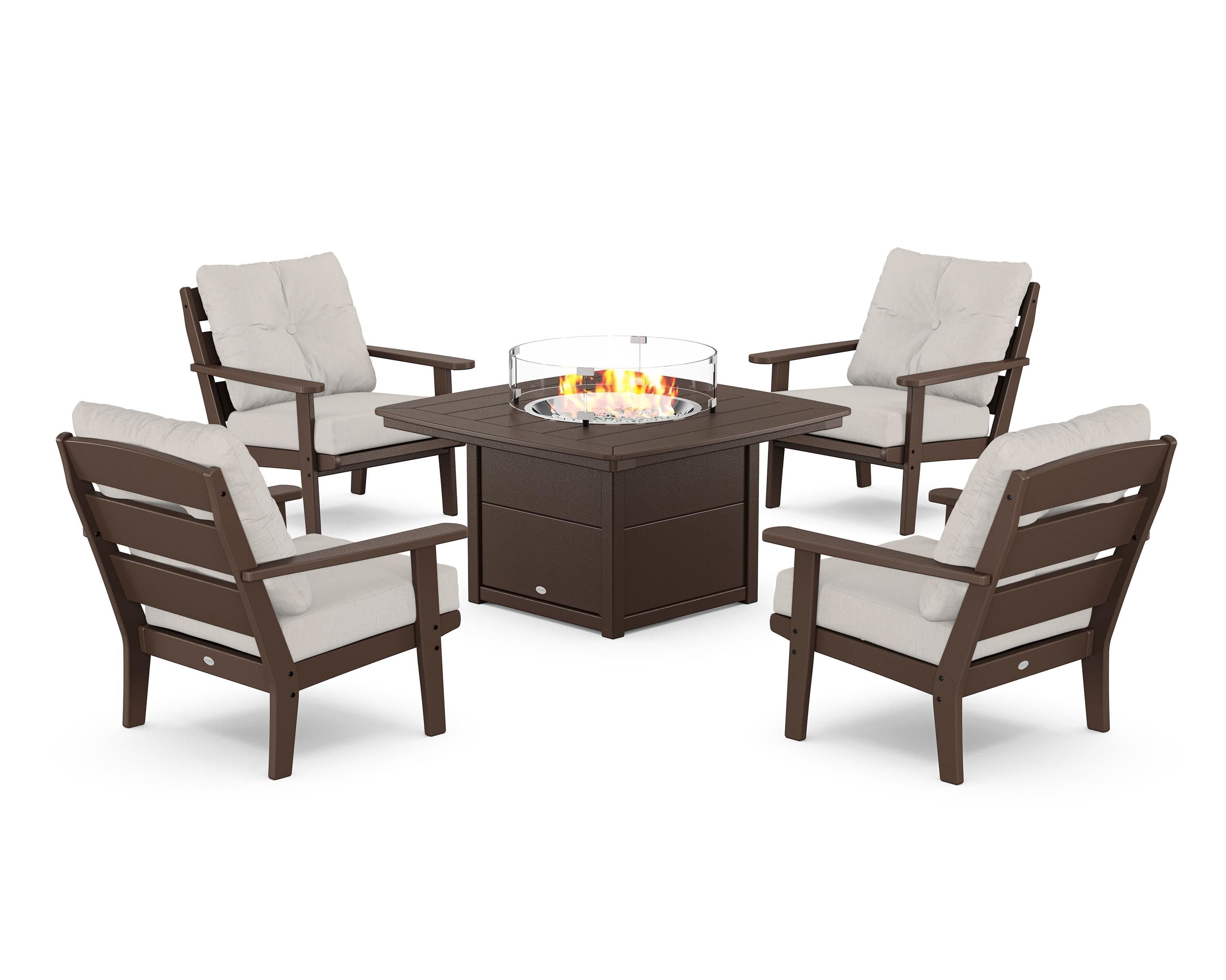 POLYWOOD® Lakeside 5-Piece Deep Seating Set with Nautical Fire Pit Table in Mahogany / Cast Ash