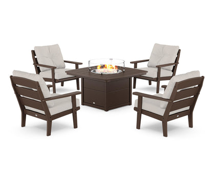 POLYWOOD® Lakeside 5-Piece Deep Seating Set with Nautical Fire Pit Table in Mahogany / Cast Ash