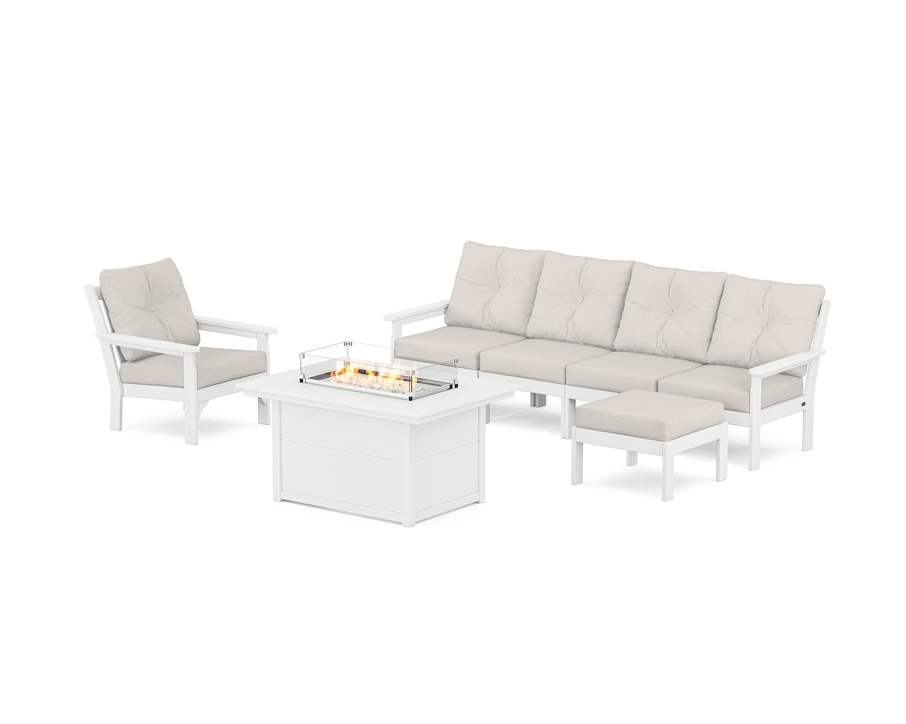 POLYWOOD® Vineyard Sectional Lounge and Fire Pit Set in White / Cast Ash