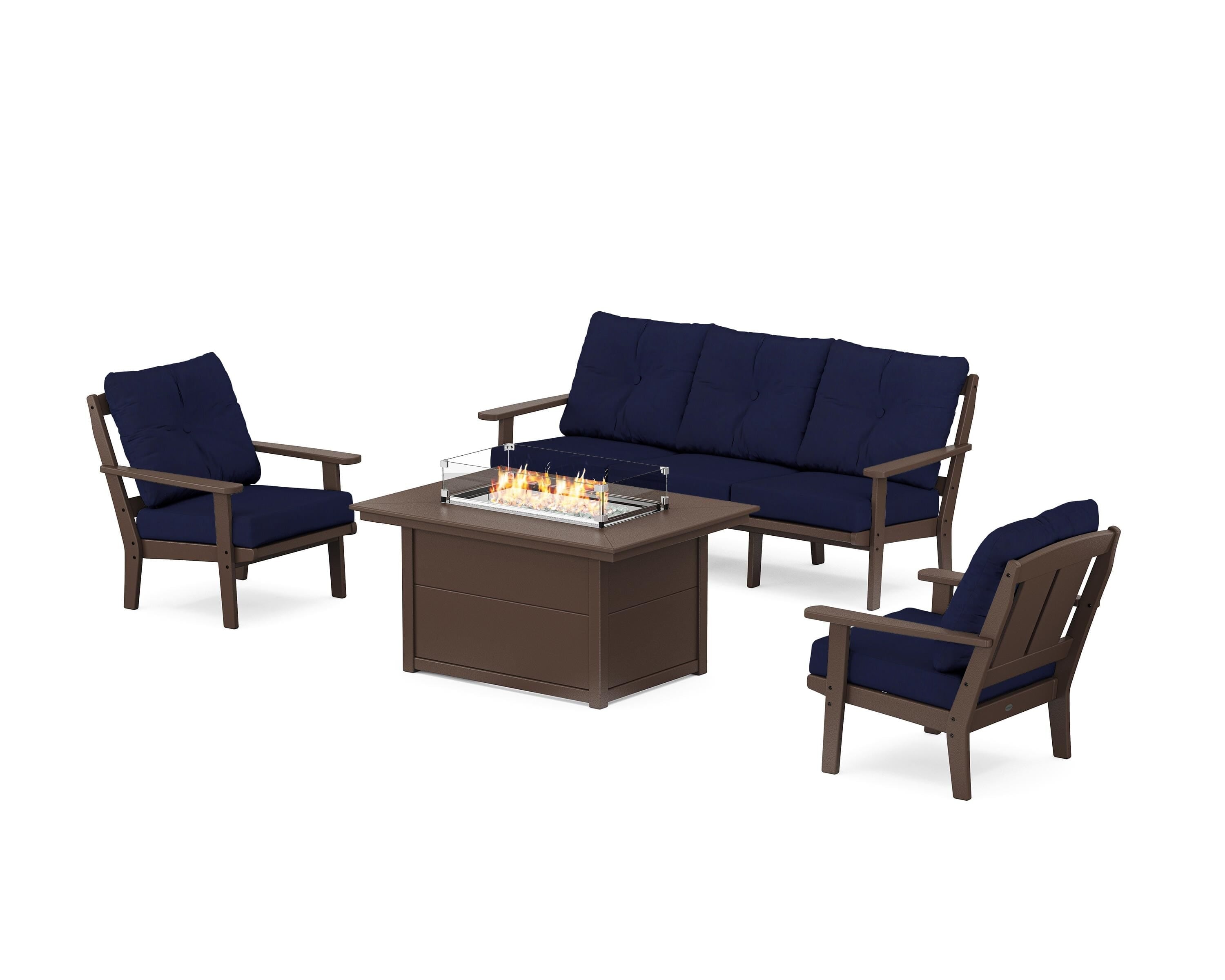 POLYWOOD® Mission Deep Seating Fire Pit Table Set in Mahogany / Navy