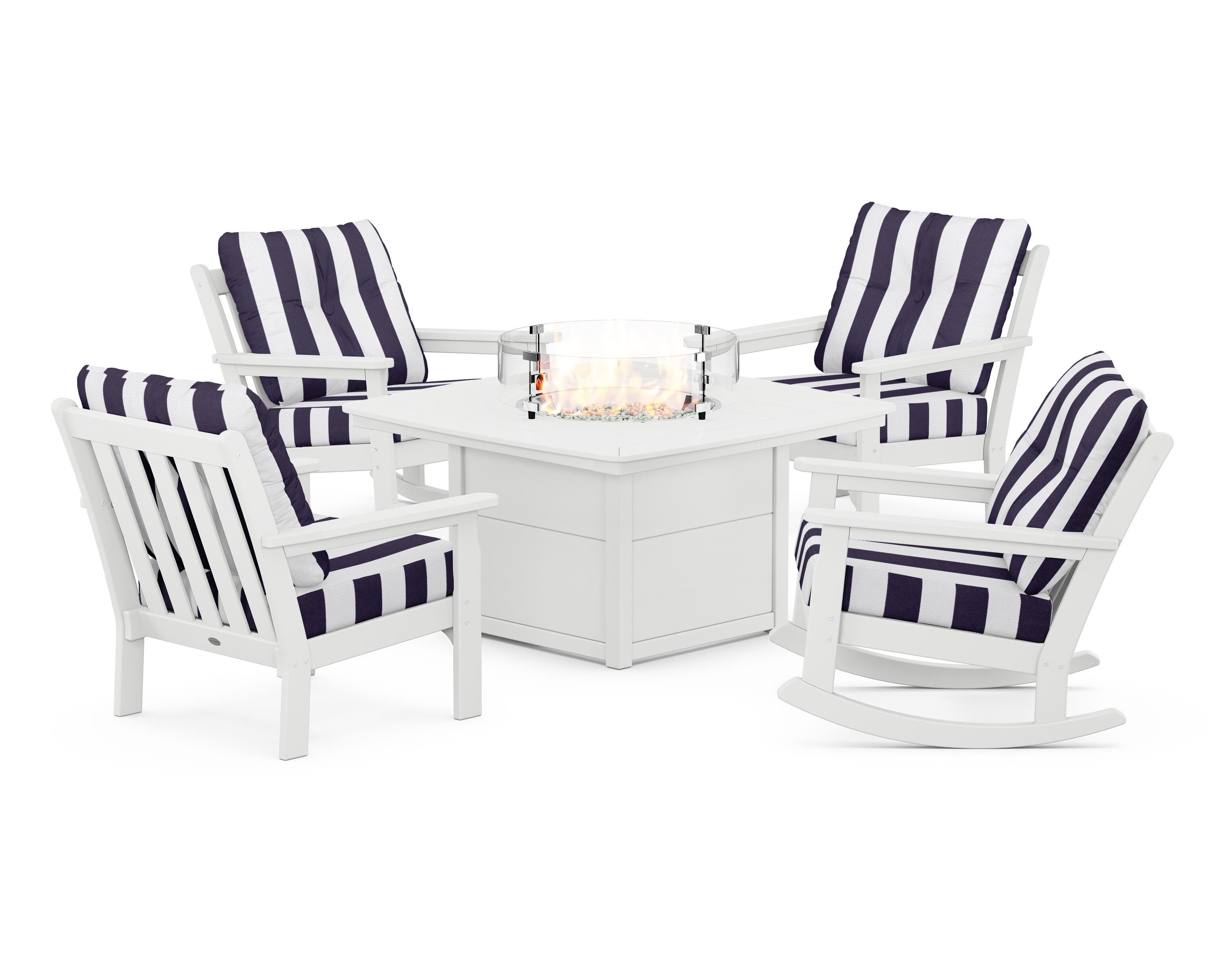 POLYWOOD® Vineyard 5-Piece Deep Seating Rocking Chair Conversation Set with Fire Pit Table in White / Cabana Stripe Navy