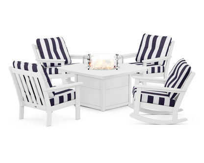 POLYWOOD® Vineyard 5-Piece Deep Seating Rocking Chair Conversation Set with Fire Pit Table in White / Cabana Stripe Navy