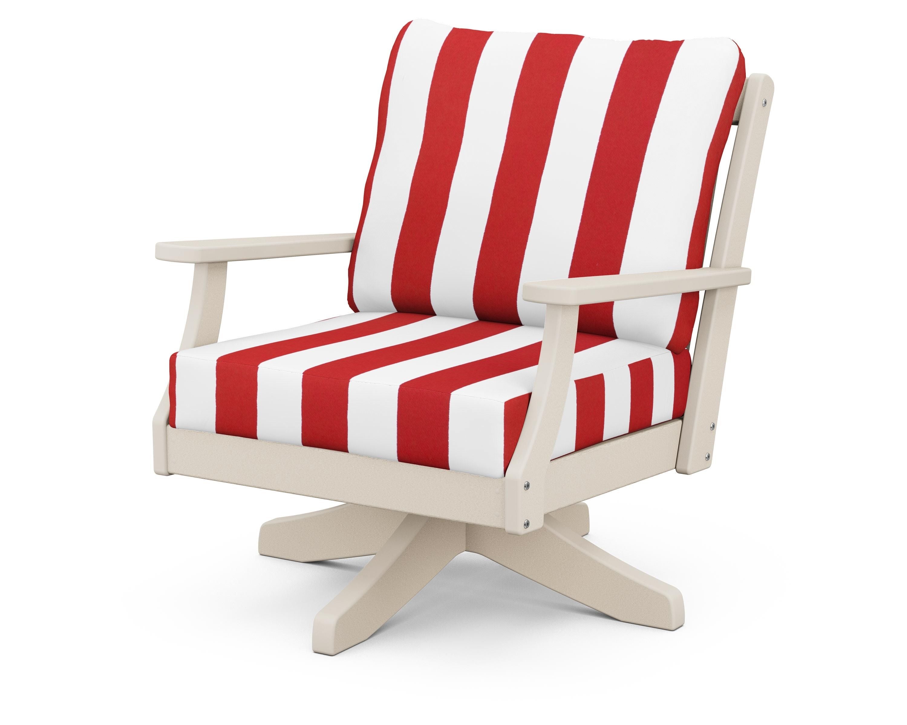 POLYWOOD® Braxton Deep Seating Swivel Chair in Sand / Cabana Stripe Crimson