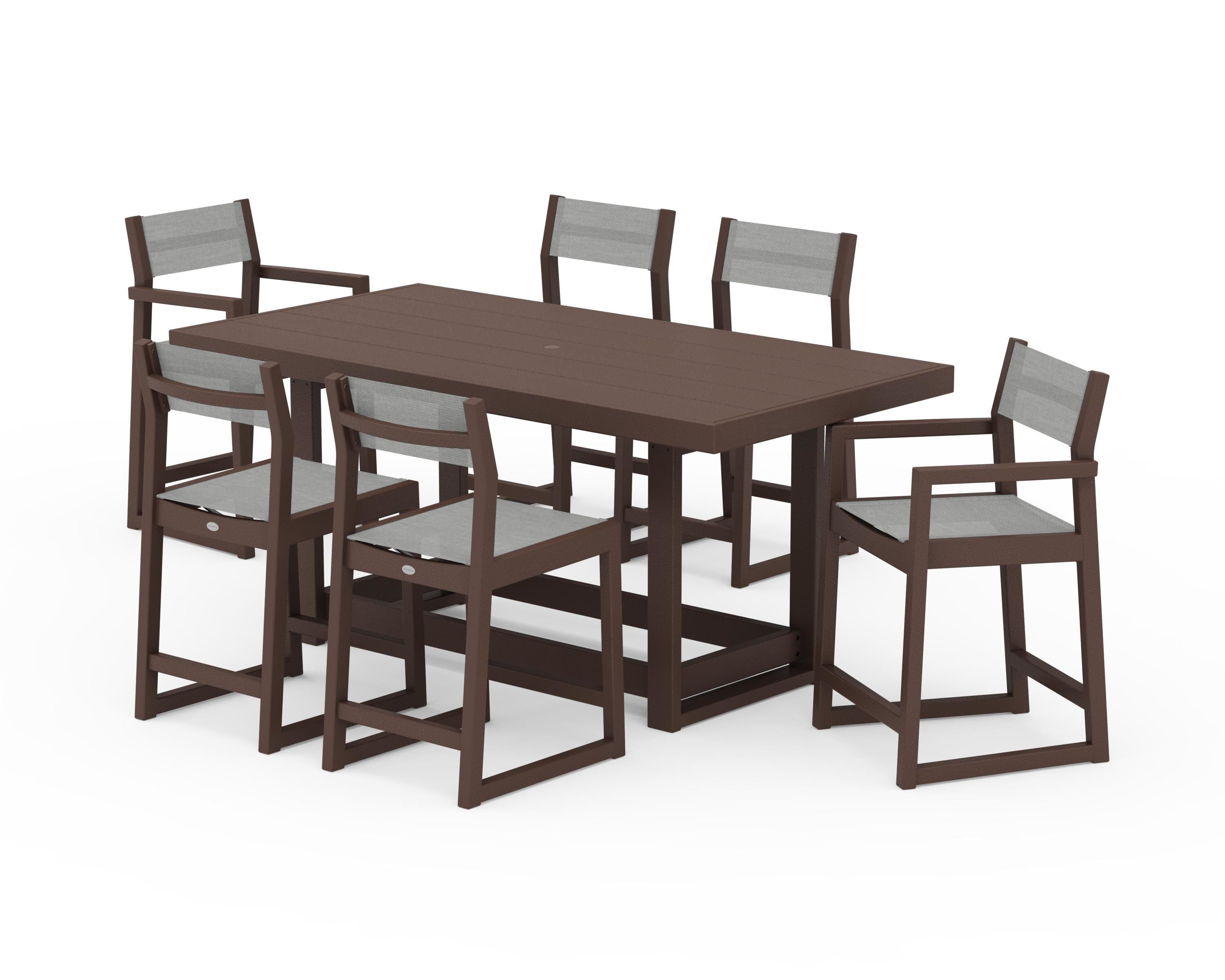 POLYWOOD® EDGE Sling 7-Piece Counter Table Set in Mahogany / Metallic Sling