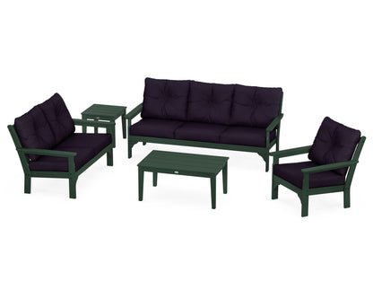 POLYWOOD® Vineyard 5 Piece Deep Seating Set in Green / Navy Linen