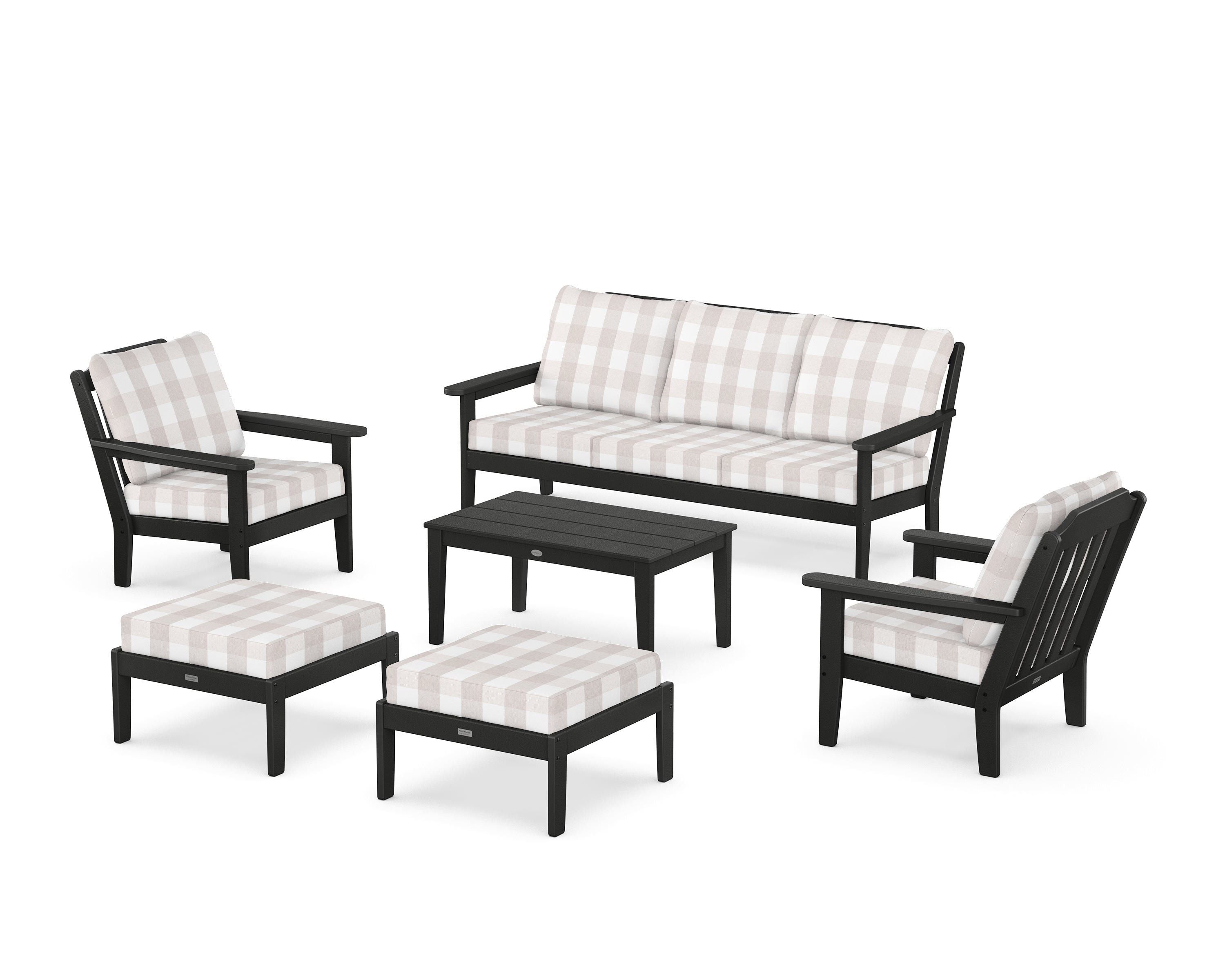 Country Living Cottage 6-Piece Lounge Sofa Set in Black / Buffalo Plaid Dune Burlap