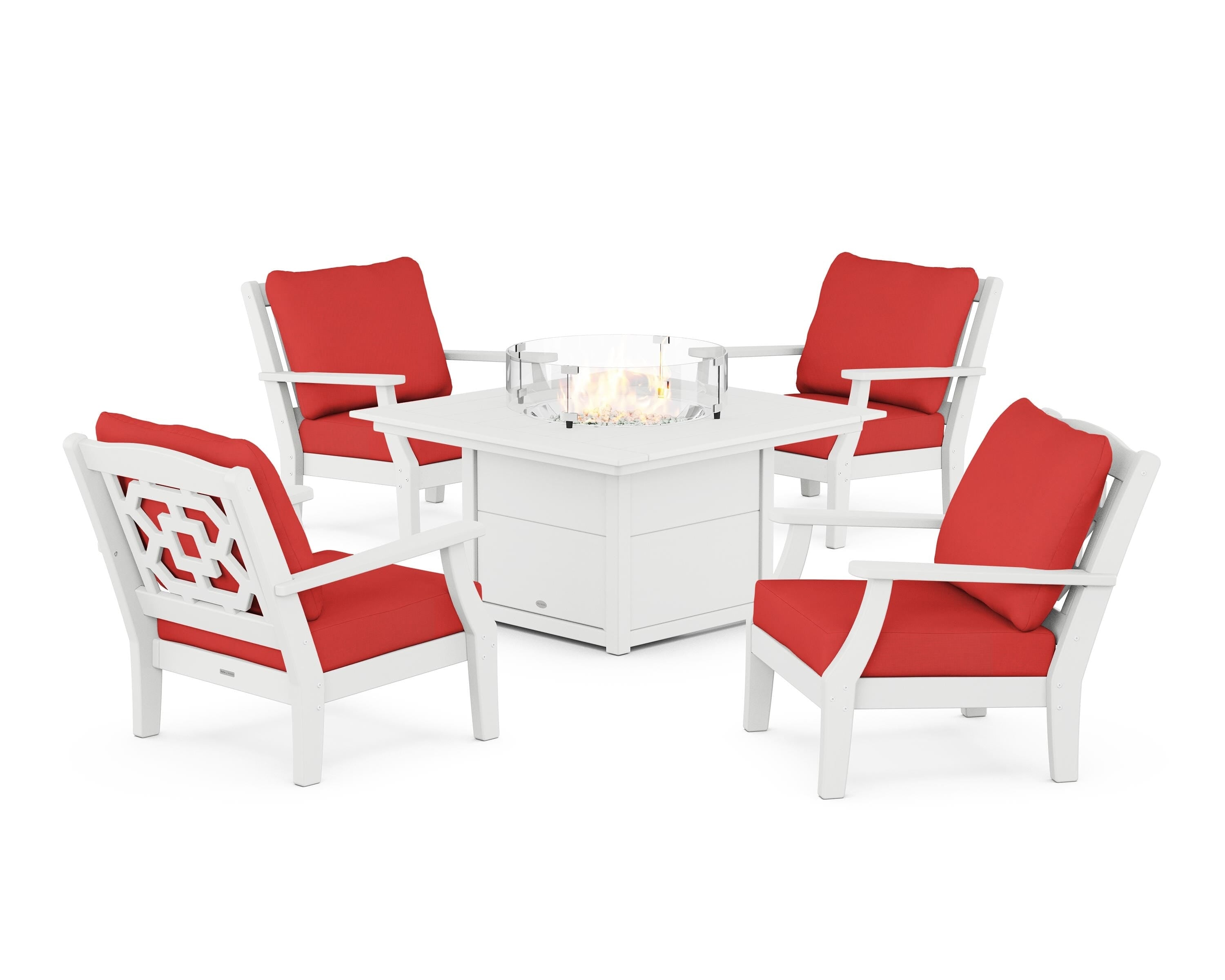 Martha Stewart by POLYWOOD® Chinoiserie 5-Piece Deep Seating Set with Fire Pit Table in White / Crimson Linen
