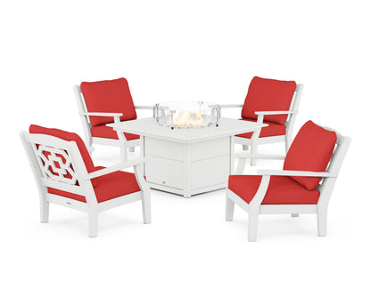 Martha Stewart by POLYWOOD® Chinoiserie 5-Piece Deep Seating Set with Fire Pit Table in White / Crimson Linen