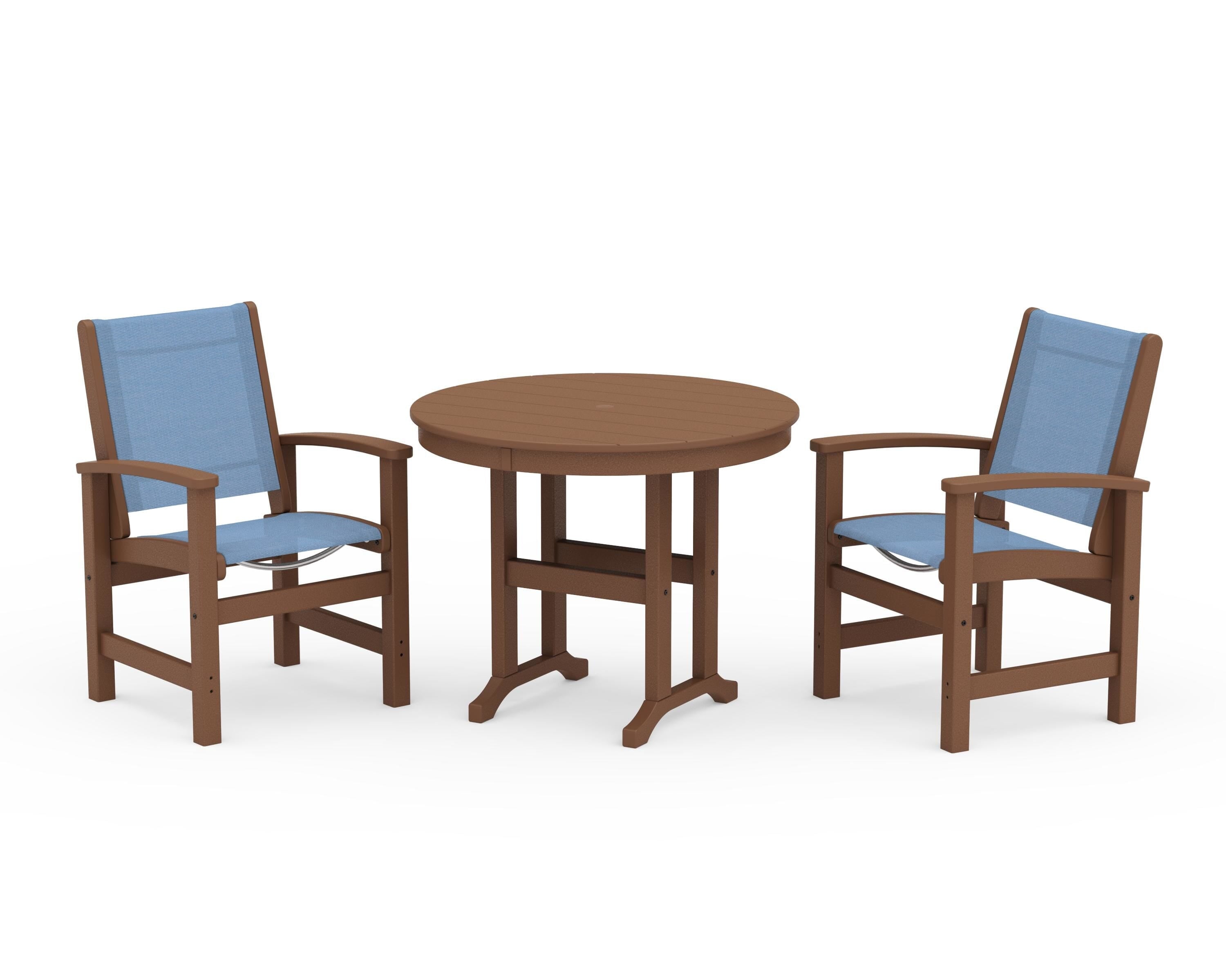 POLYWOOD® Coastal 3-Piece Round Dining Set in Teak / Poolside Sling