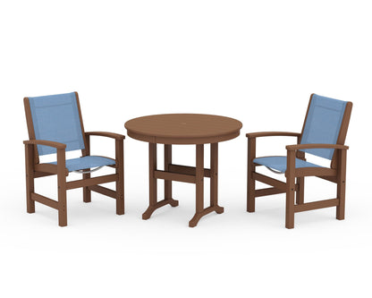POLYWOOD® Coastal 3-Piece Round Dining Set in Teak / Poolside Sling