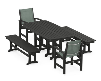 POLYWOOD® Coastal 5-Piece Dining Set in Black / Dupioni Sea Mist Sling
