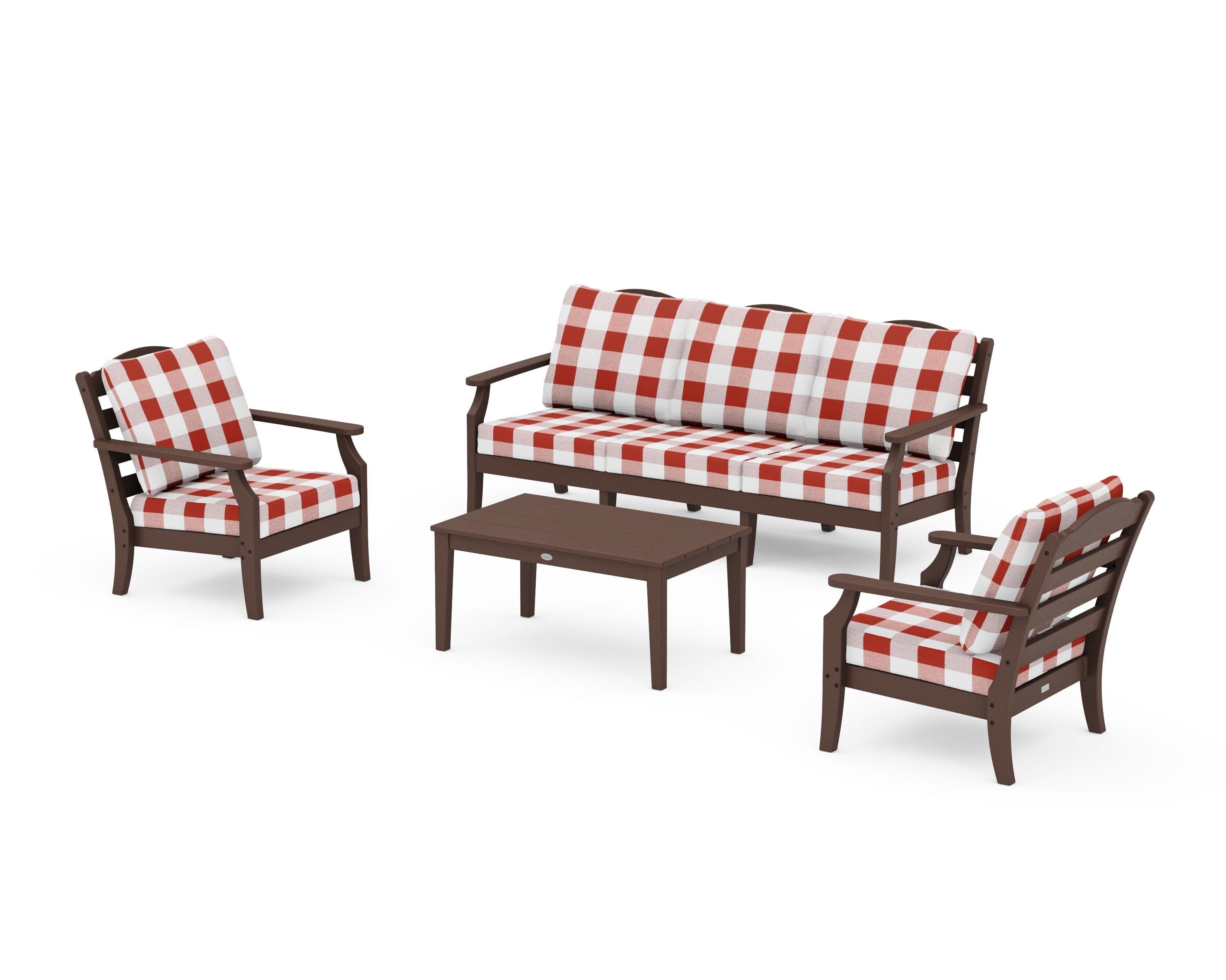 Draper James™ by  POLYWOOD® Savannah 4-Piece Deep Seating Set with Sofa in Mahogany / Buffalo Plaid Crimson