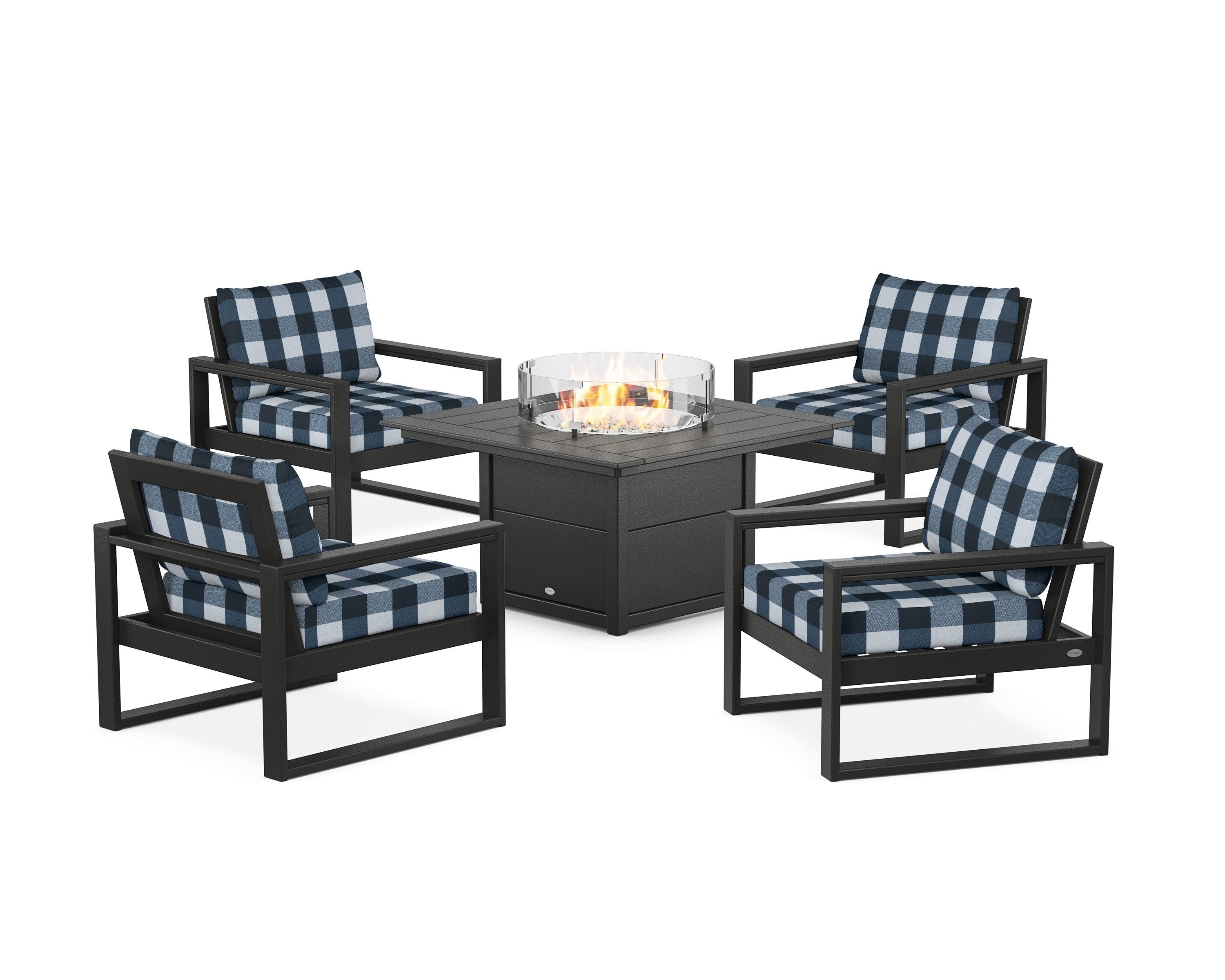 POLYWOOD® EDGE Sectional 5-Piece Deep Seating Set with Fire Pit Table in Black / Buffalo Plaid Marine Indigo