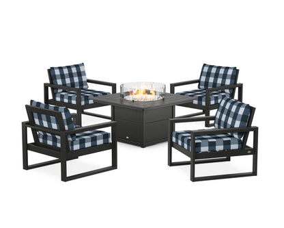 POLYWOOD® EDGE Sectional 5-Piece Deep Seating Set with Fire Pit Table in Black / Buffalo Plaid Marine Indigo