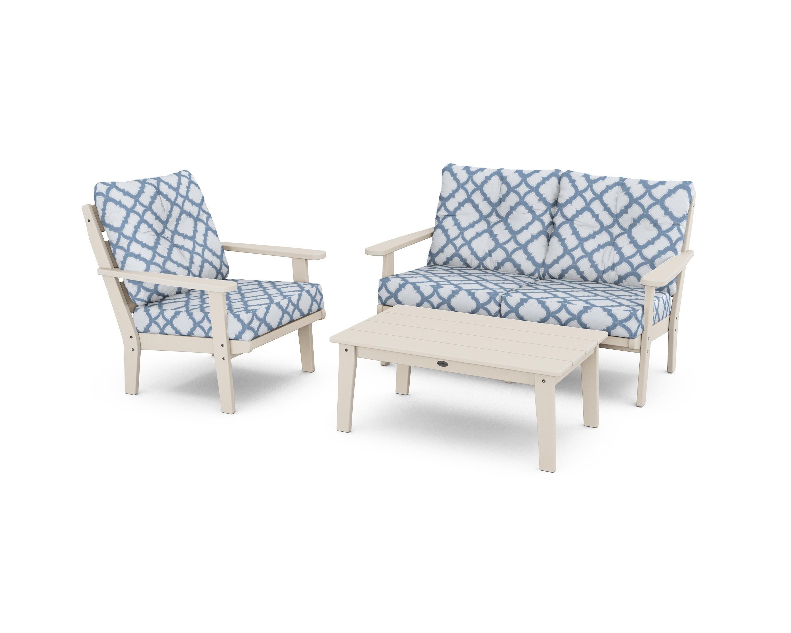 POLYWOOD® Lakeside 3-Piece Deep Seating Set in Sand / Trellis Sky Blue