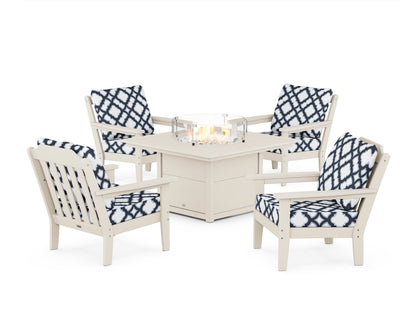 Country Living Cottage 5-Piece Deep Seating Set with Fire Pit Table in Sand / Trellis Marine Indigo