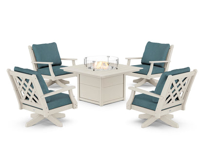 Country Living Wovendale 5-Piece Deep Seating Swivel Conversation Set with Fire Pit Table in Sand / Ocean Teal