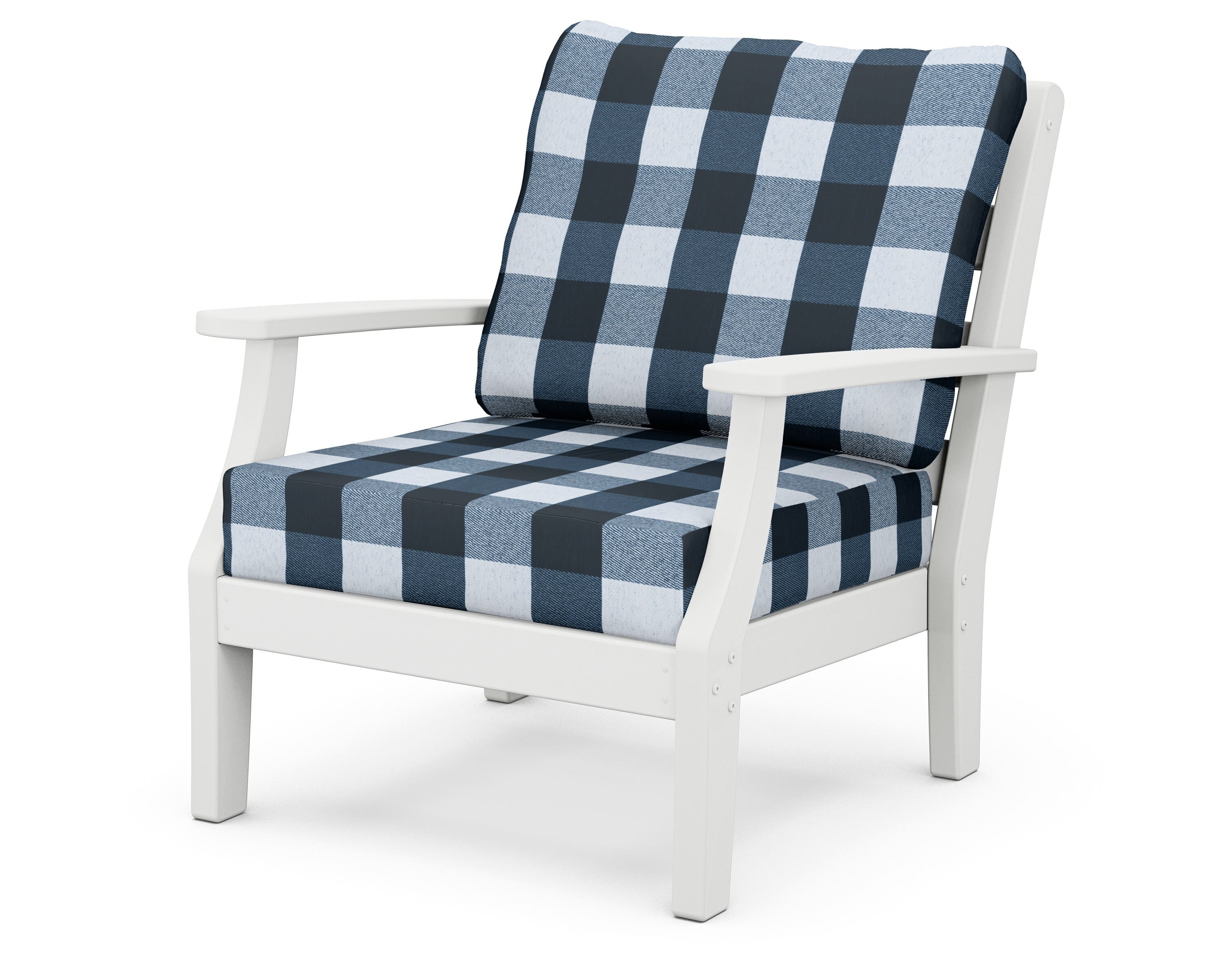 POLYWOOD® Chesapeake Deep Seating Chair in White / Buffalo Plaid Marine Indigo