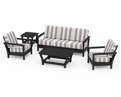 POLYWOOD® Harbour 5-Piece Deep Seating Set in Black / Cabana Stripe Grey Mist