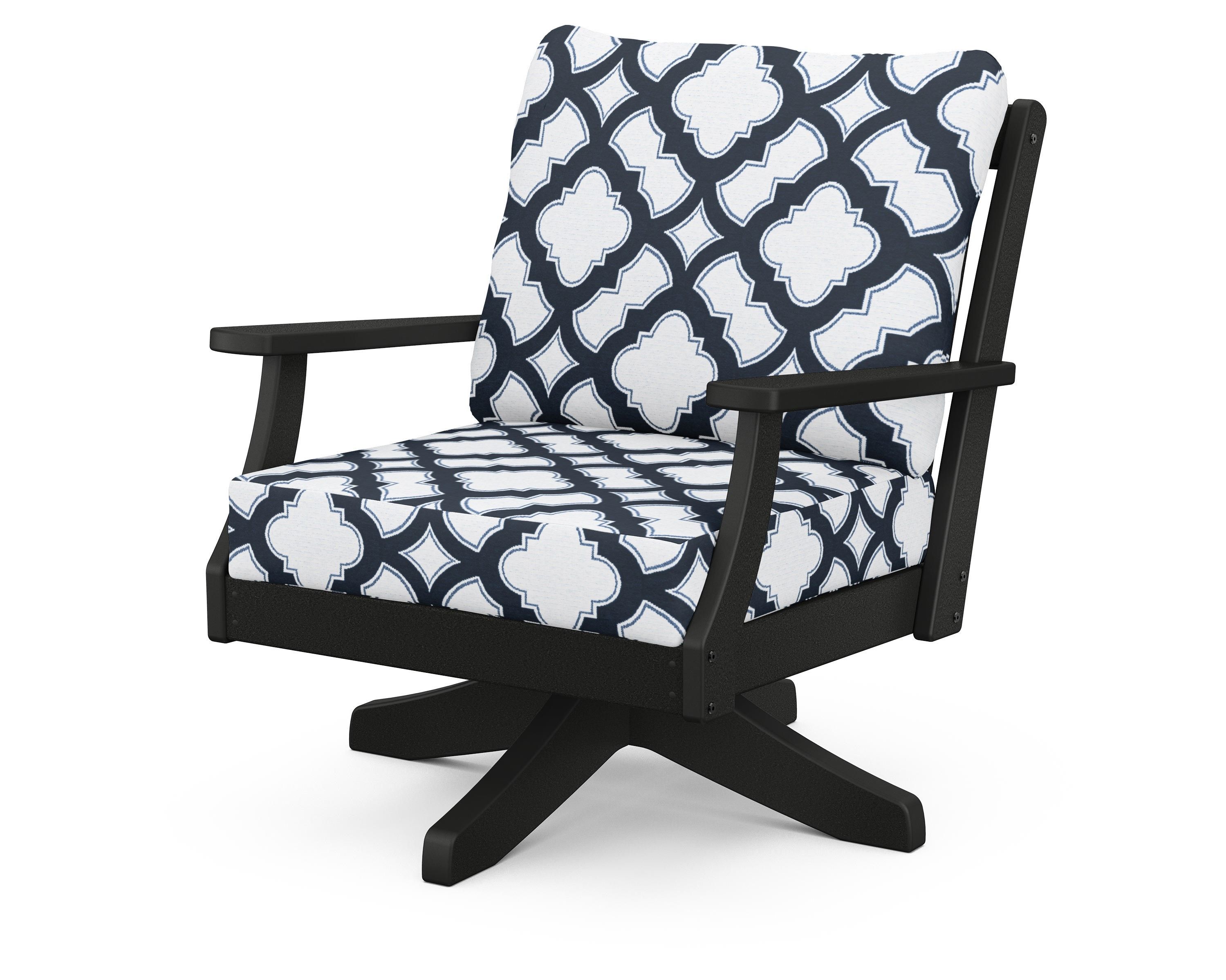 POLYWOOD® Braxton Deep Seating Swivel Chair in Black / Trellis Marine Indigo