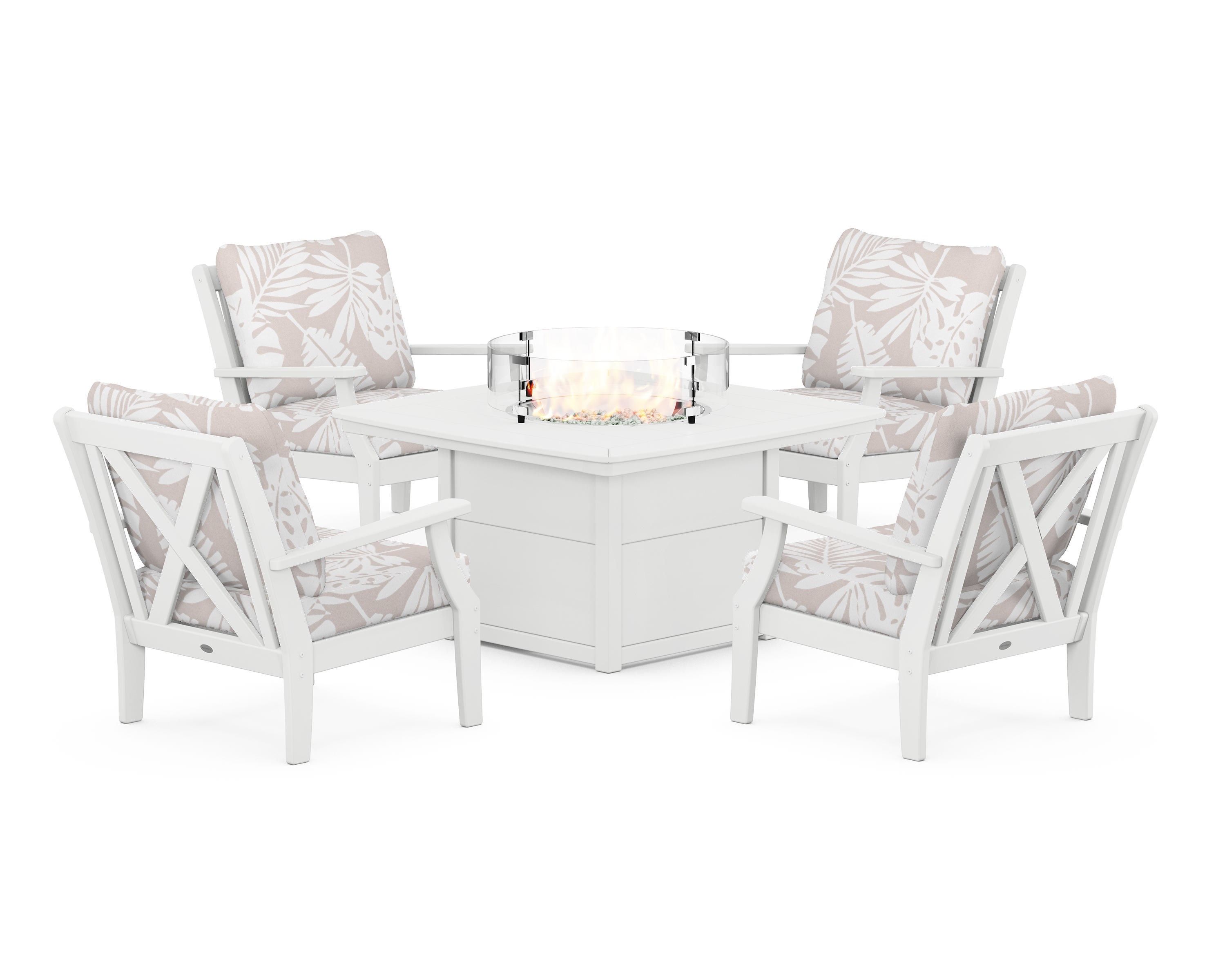 POLYWOOD® Braxton 5-Piece Deep Seating Conversation Set with Fire Pit Table in White / Leaf Dune Burlap