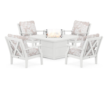POLYWOOD® Braxton 5-Piece Deep Seating Conversation Set with Fire Pit Table in White / Leaf Dune Burlap