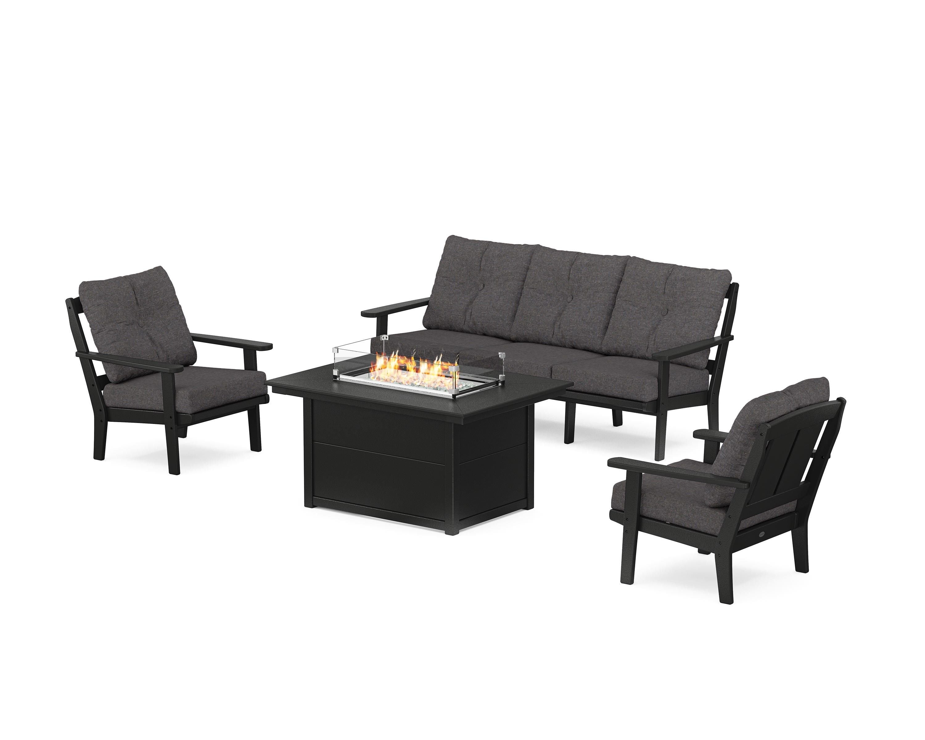 POLYWOOD® Mission Deep Seating Fire Pit Table Set in Black / Ash Charcoal