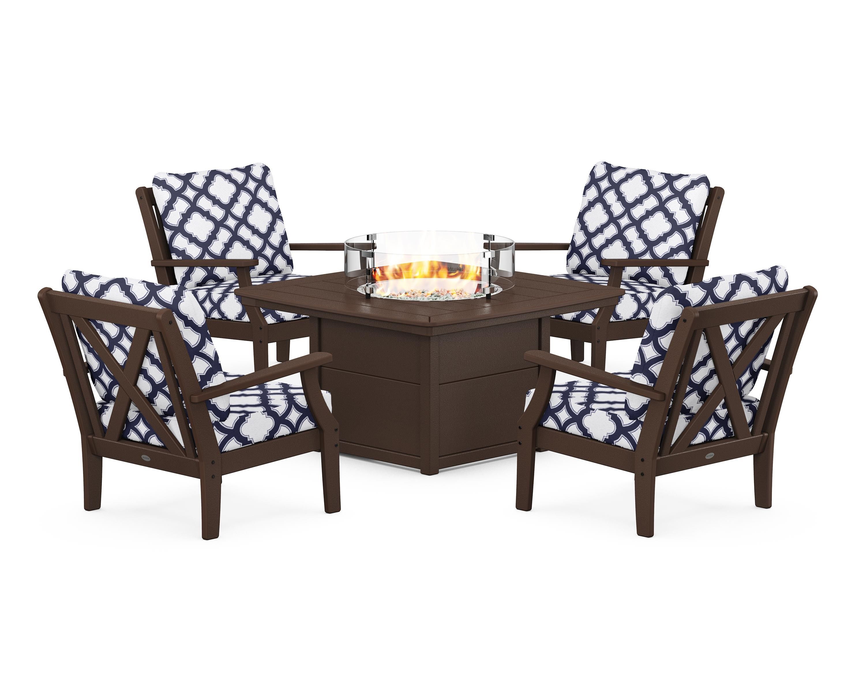 POLYWOOD® Braxton 5-Piece Deep Seating Conversation Set with Fire Pit Table in Mahogany / Trellis Navy