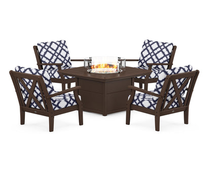 POLYWOOD® Braxton 5-Piece Deep Seating Conversation Set with Fire Pit Table in Mahogany / Trellis Navy