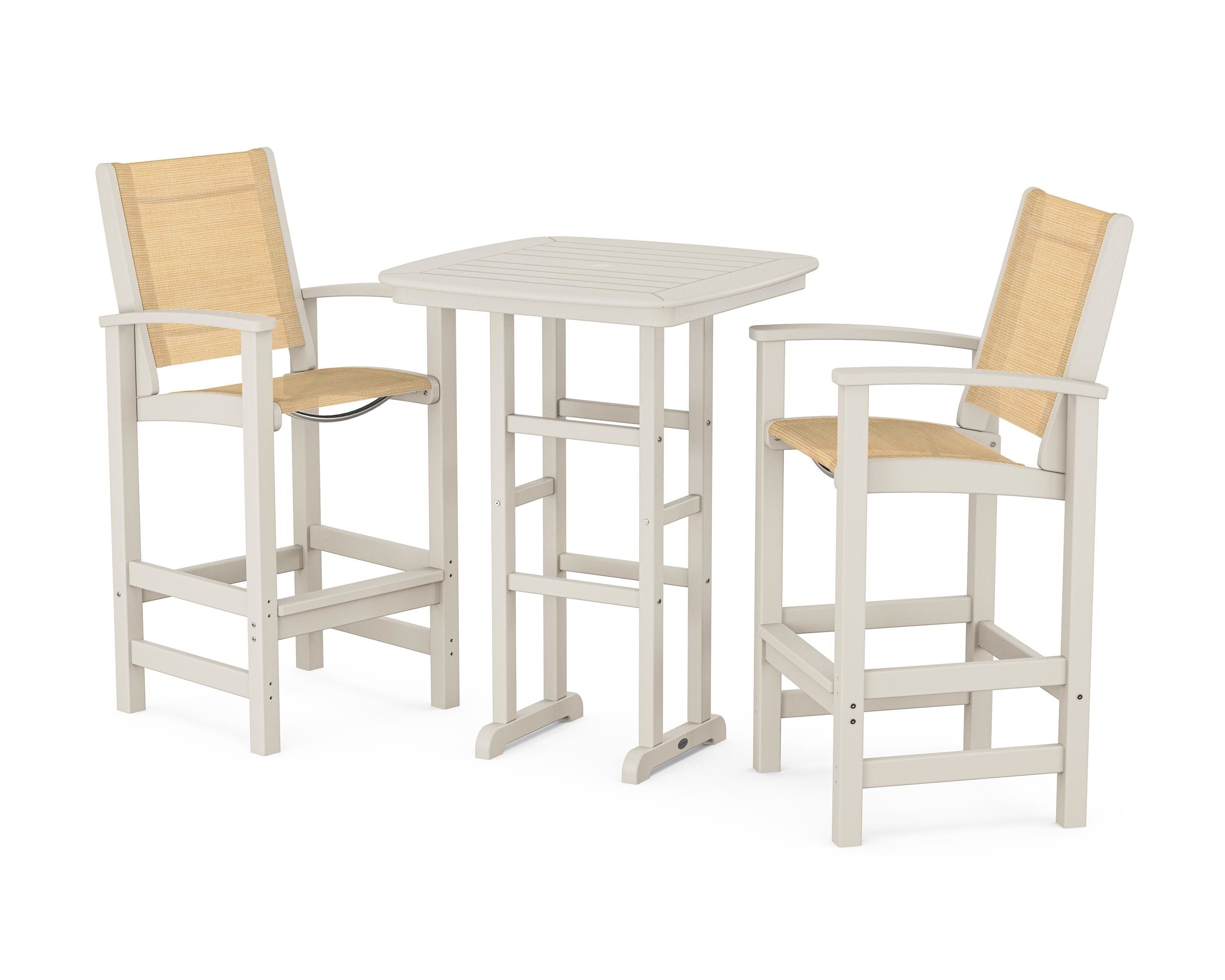 POLYWOOD® Coastal 3-Piece Bar Set in Sand / Dupioni Apricot Sling