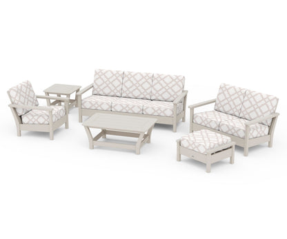 POLYWOOD® Harbour 6-Piece Outdoor Living Set in Sand / Trellis Dune Burlap