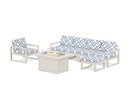 POLYWOOD® EDGE Sectional Lounge and Fire Pit Set in Sand / Trellis Sky Blue