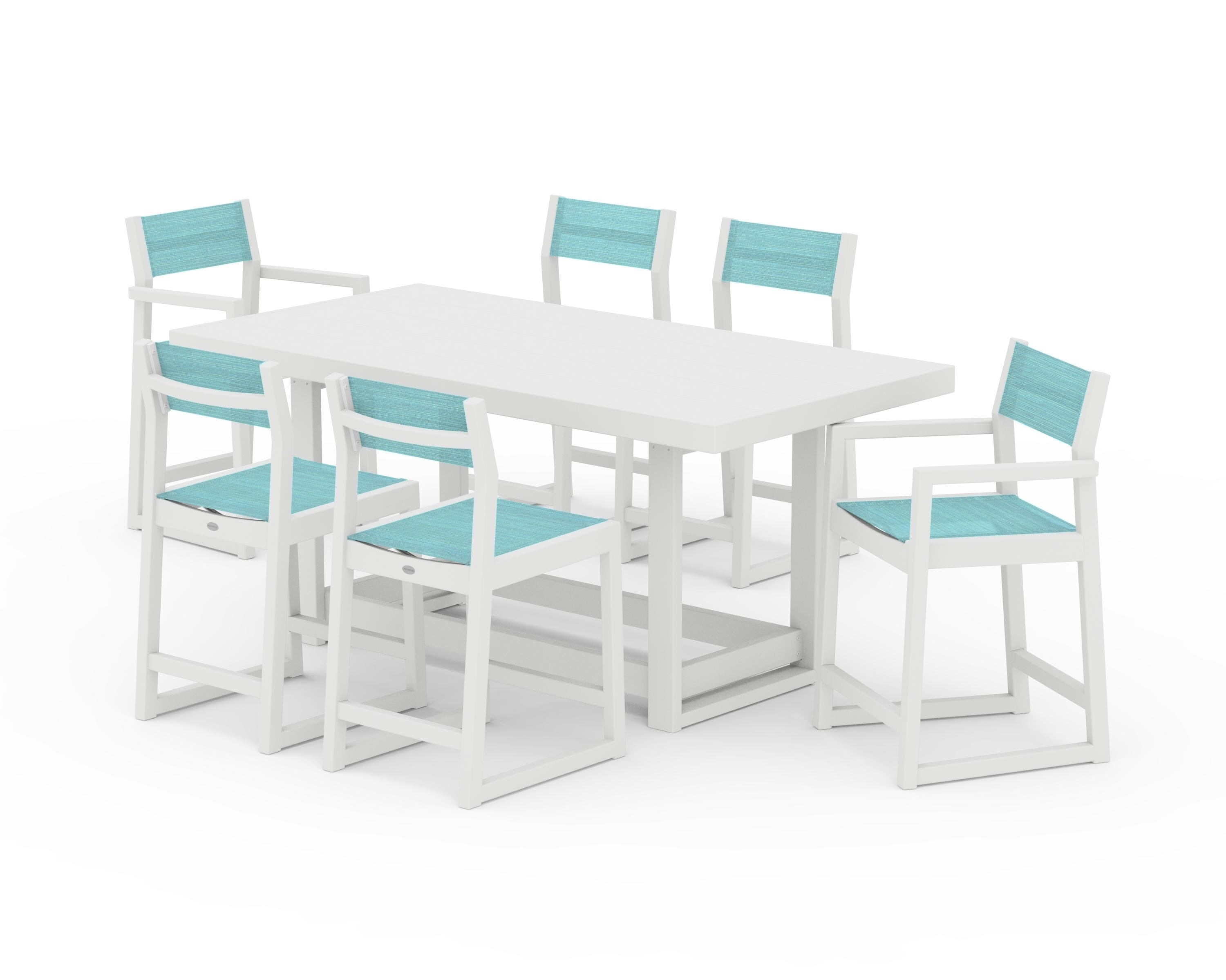 POLYWOOD® EDGE Sling 7-Piece Counter Table Set in White / Dupioni Aquamarine Sling